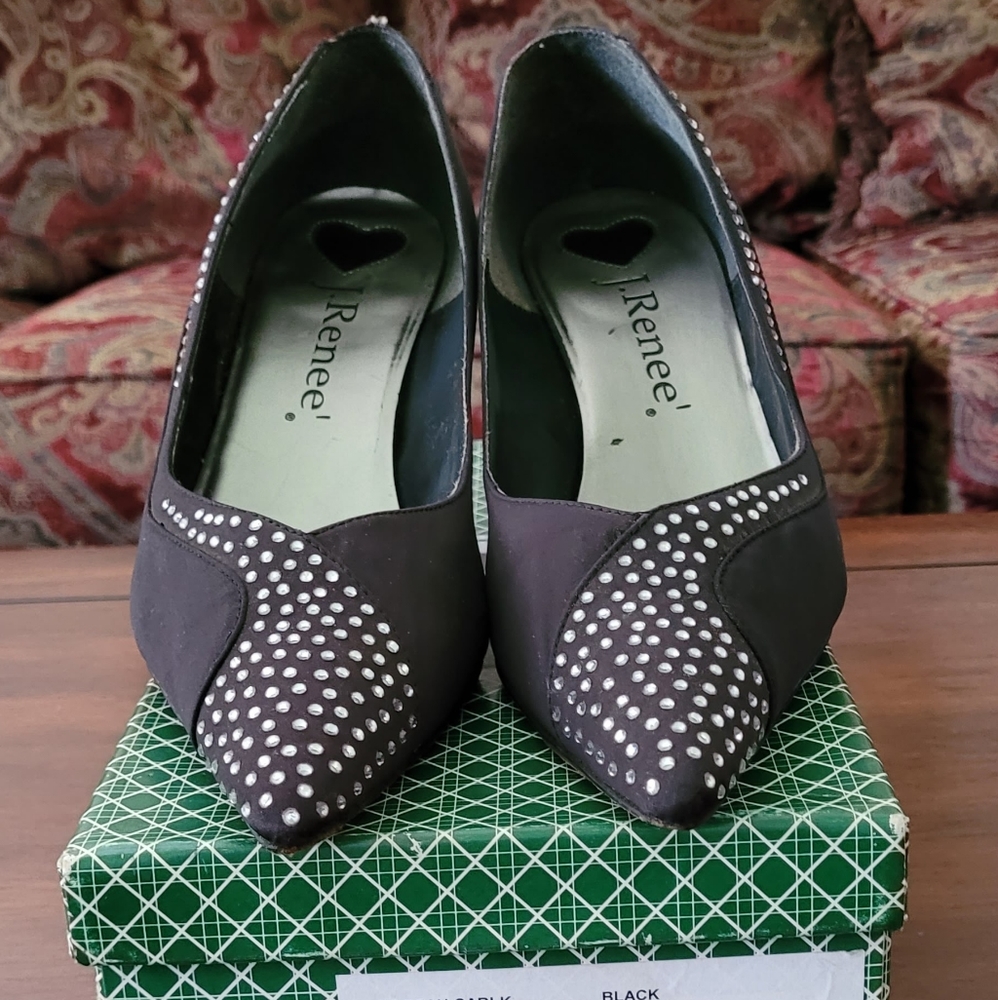 J . Renée Black Satin Rhinestone Pumps